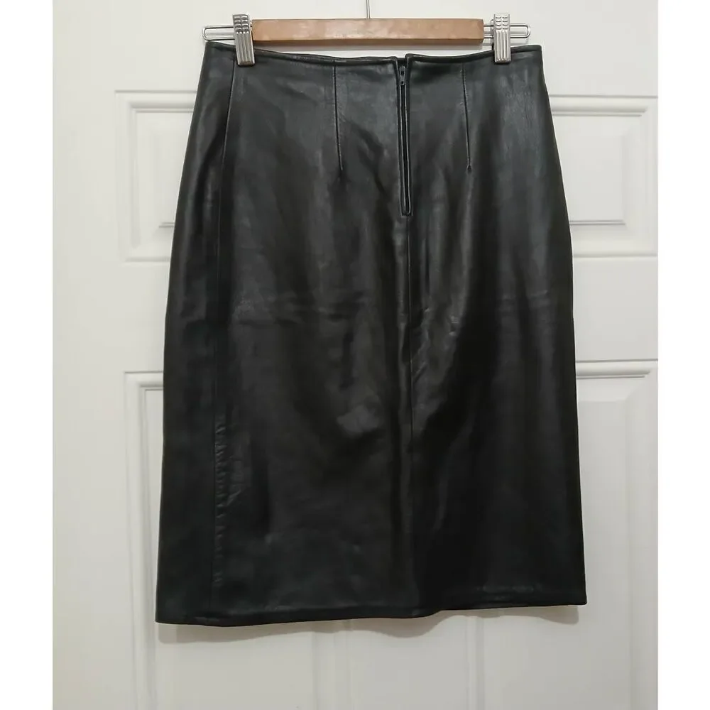 Madras women size small 28 waist Italian leather pencil skirt black split front